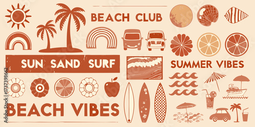 Retro summer beach vibes collection with sun sand surf and palm trees