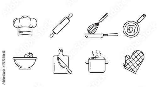 Hand drawn kitchen utensils icons set chef hat rolling pin whisk pan pot and mitt vector