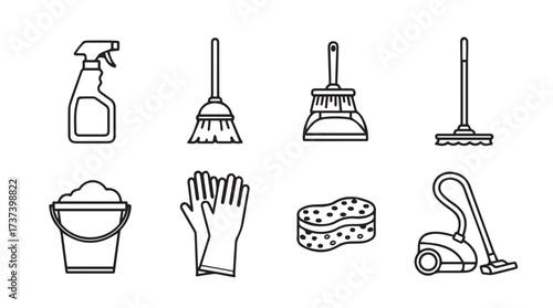 Collection of household cleaning tools and supplies rendered as simple icons for service concepts vector