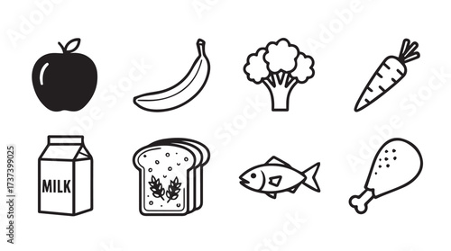 Assortment of hand-drawn healthy food icons including apple banana broccoli carrot milk bread fish chicken vector