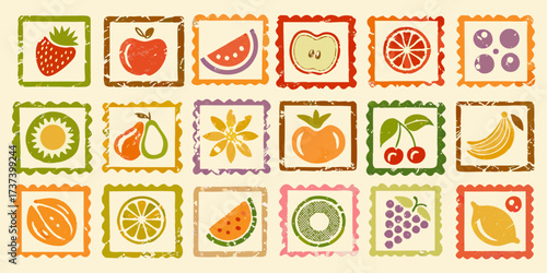 Collection of colorful stylized fruit and vegetable stamps in a grid pattern