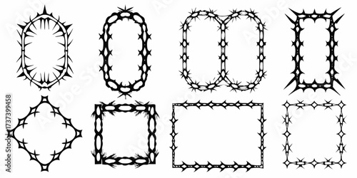 Collection of eight unique black thorny frames and borders in various geometric shapes