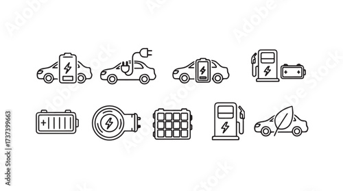 Collection of hand drawn icons representing electric vehicles charging and power elements vector