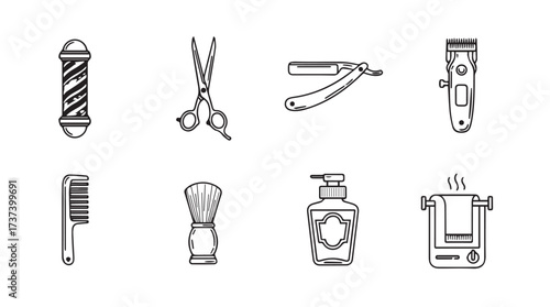 Barber shop tools icons set vintage style line art for hair styling and grooming services vector