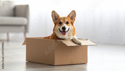 Happy Corgi Dog Inside Cardboard Box in Bright Indoor Setting Looking at the Camera with Tongue Out in Modern Living Room with Gray Sofa