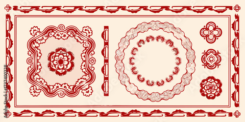Collection of ornate red decorative borders and floral elements on a cream background
