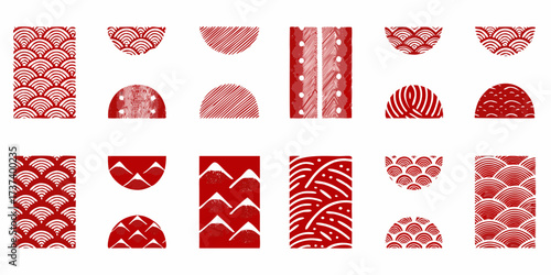 Collection of red and white abstract geometric patterns and shapes inspired by japanese seigaiha and mountain motifs