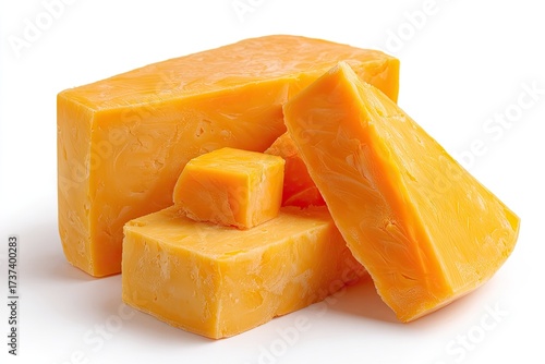 Vibrant orange cheddar cheese blocks and wedges, various sizes, showcasing its marbled texture, isolated on white