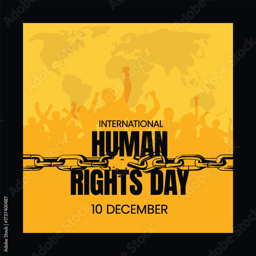 Human Rights Day modern social media post template with mens raised hand vector illustration, square banner design, protest and awareness silhouette background