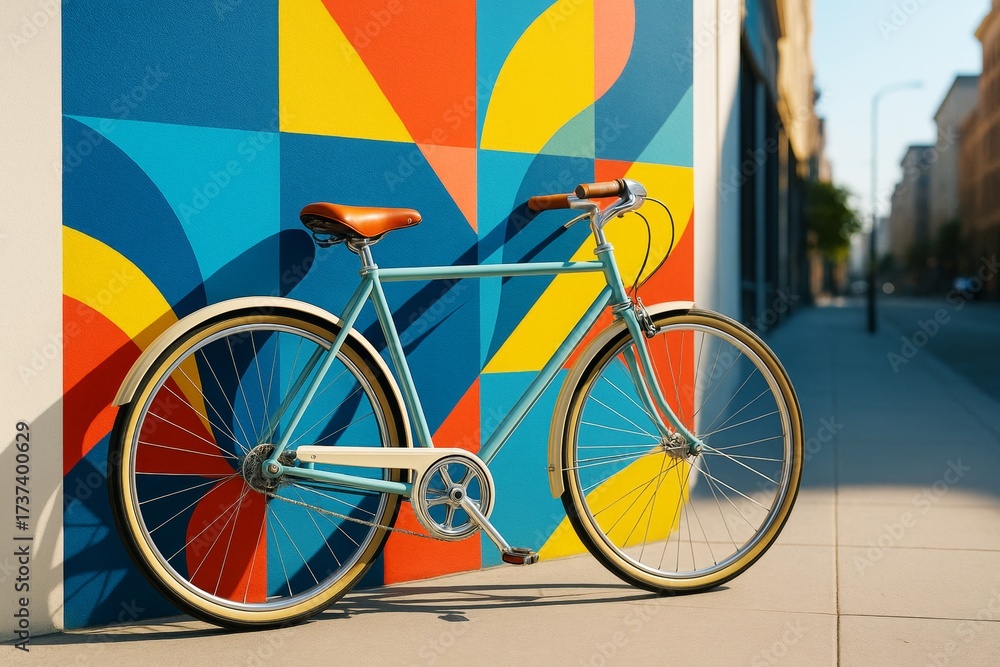 Fototapeta premium Stylish retro bicycle leaning against colorful geometric wall in sunlight, urban street setting with creative artistic background concept. Ai generative