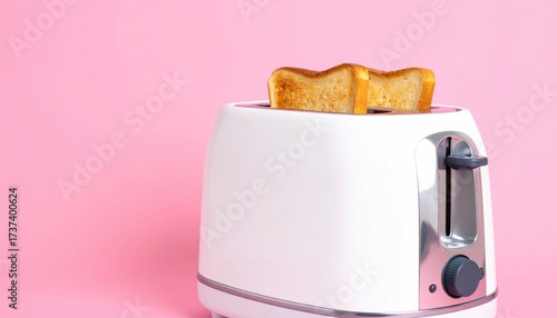 White toaster with two toasted bread slices, set against a pink backdrop