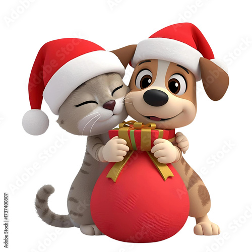 3D Christmas Cat and dog hug