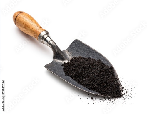 A weathered metal garden trowel with a wooden handle holds dark, rich soil, some spilling onto a white background