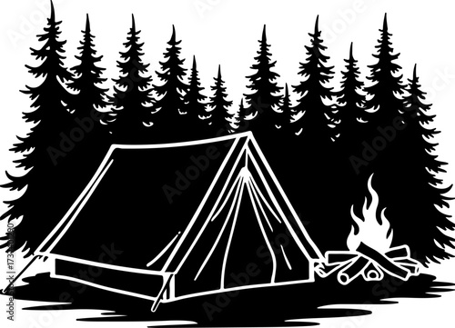 Camping Tent and Campfire Silhouette in Pine Forest”