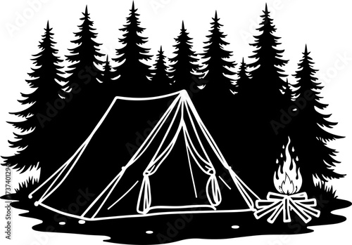 Camping Tent and Campfire Silhouette in Pine Forest”