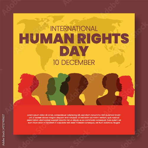 International Human Rights Day vector illustration, modern protest awareness square banner template, global humanity AI background for social media post with Men's face silhouette illustration