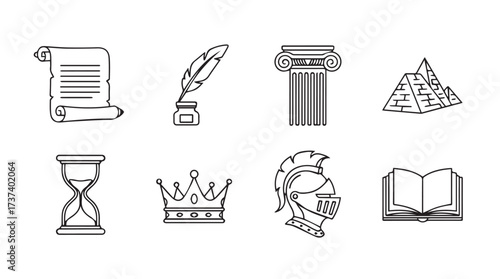 Collection of hand drawn historical icons featuring ancient symbols and artifacts in outline style vector