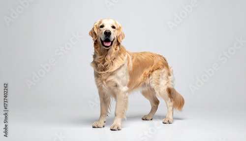 Happy Golden Retriever Standing Against Neutral Background In Studio Light