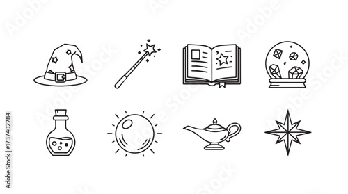 Magical objects collection featuring witch hat wand book crystal ball potion lamp constellation vector