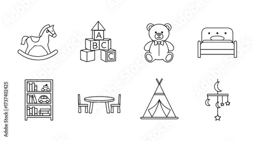 Nursery and child's room furniture and toys line art icons set vector