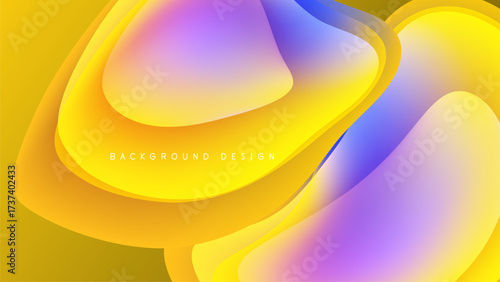 Abstract fluid shapes overlap, vibrant yellow, purple, blue hues. Dark background creates striking visual contrast. Modern design element.