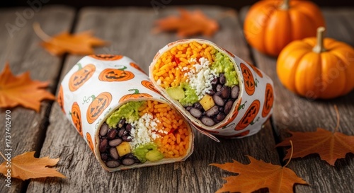 Festive halloween burritos with pumpkin wrappers on rustic wooden table setting scene