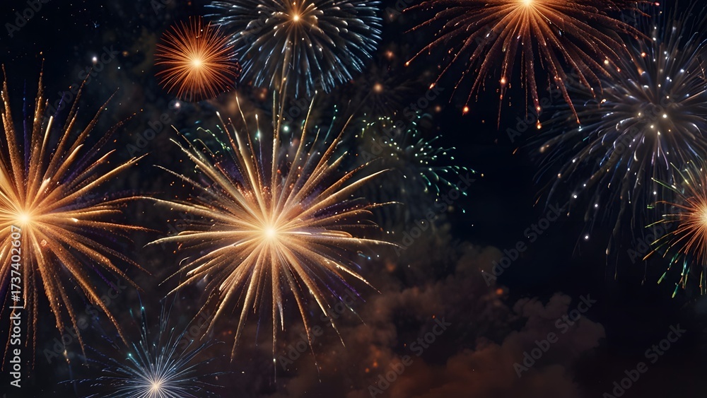 Fototapeta premium A grand display of multiple colorful fireworks exploding in a dark blue night sky during a festive celebration. Celebration concept