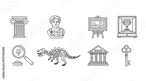 Collection of ancient artifacts and museum icons for historical exploration and discovery vector
