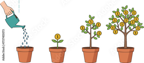 Financial growth investment concept with potted plants, coin tree evolution, money returns, nurturing economy, savings progress, and wealth development illustration.