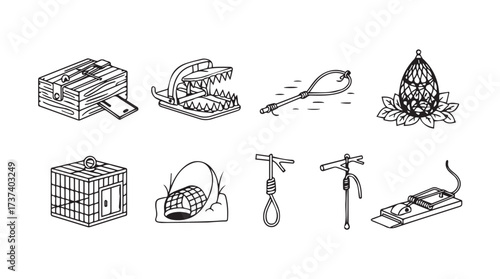 Collection of hand drawn illustrations representing traps and cages for capturing animals and items vector
