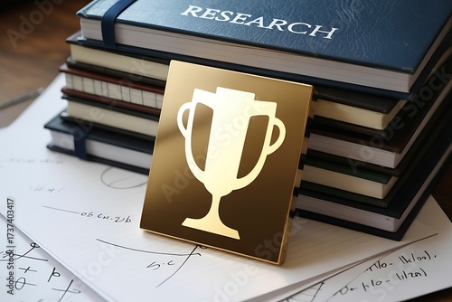 Golden trophy plaque resting on a stack of books with the word RESEARCH on the top book award