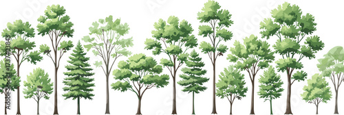 Horizontal lineup of diverse trees with varied shapes, foliage density, and canopy color, nature illustration for botany and landscape design
