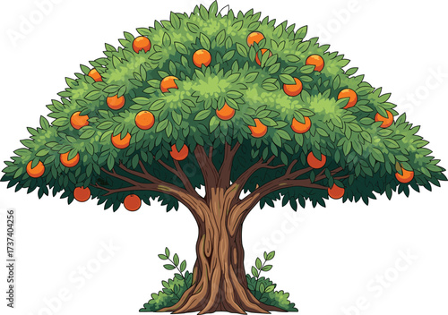 Orange Tree Vector Illustration Featuring Lush Foliage, Ripe Fruits, and Natural Ground Elements for Agriculture, Garden, and Educational Use