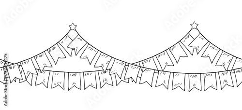 Garland of flags, sketch. Vector illustration. Festive garland, seamless horizontal border, isolated on white background.Theme new year, Christmas, birthday, for postcards and invitations