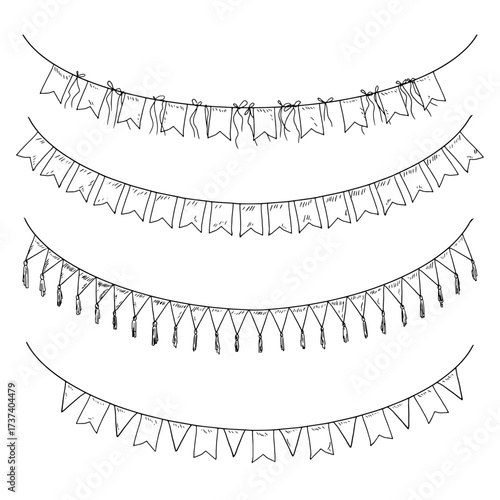 Garland of flags of different shapes, black and white sketch. Vector illustration. Festive garland, set of silhouettes, isolated on a white background. Birthday, Christmas, New Year and holidays theme
