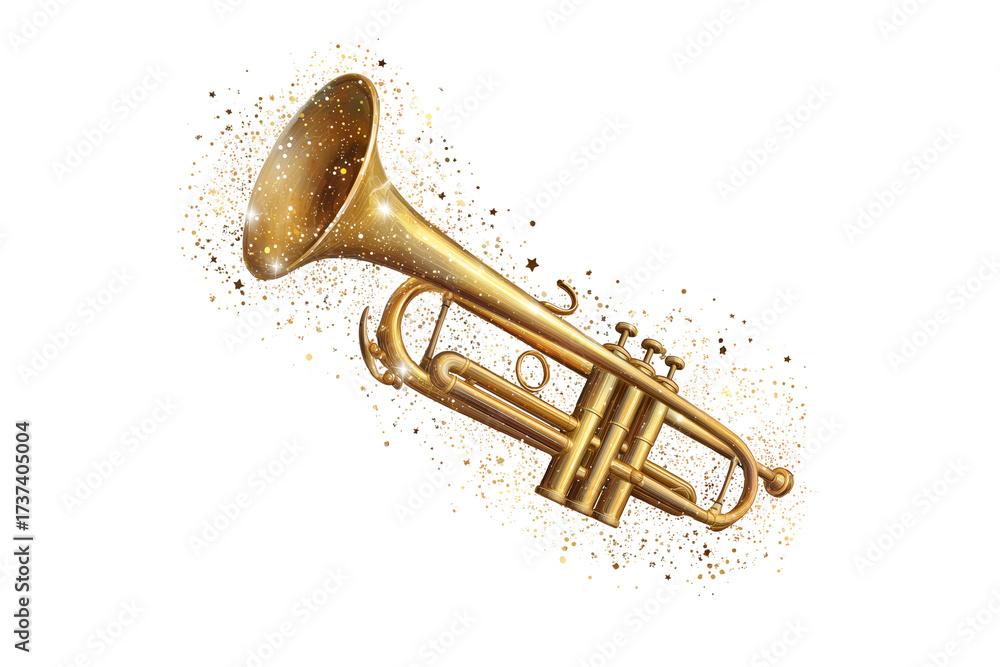 Obraz premium A Happy New Year golden trumpet with sparkles, isolated on a transparent background.