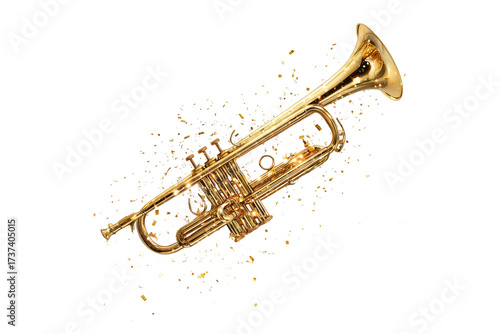 A Happy New Year golden trumpet with sparkles, isolated on a transparent background.