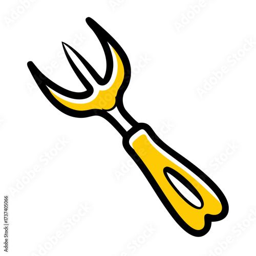 Garden fork with yellow handle and three prongs for cultivating soil  