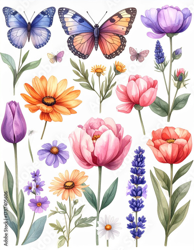 Wallpaper Mural A painted watercolor set of different flowers and a butterfly Torontodigital.ca