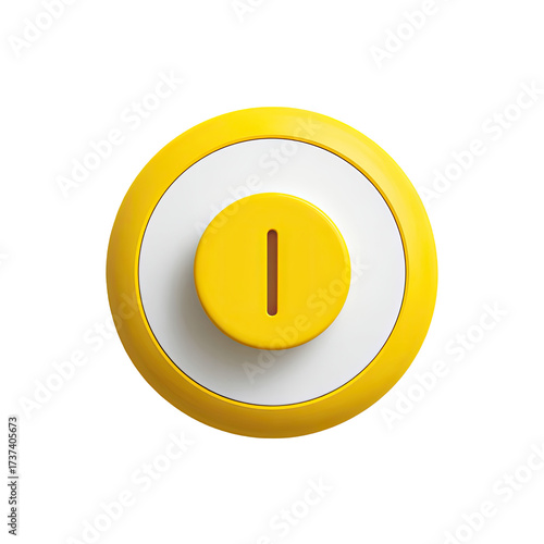 3D rendered yellow button with a vertical line indentation, concentric circles, and a white inner ring