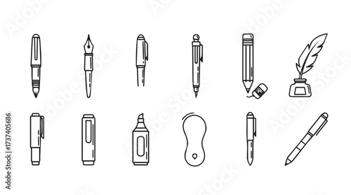 Collection of various hand drawn pens and writing instruments for creative projects vector