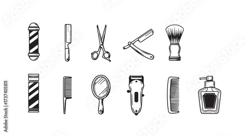 Collection of vintage barber shop tools and equipment hand drawn style vector
