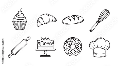 Hand drawn bakery icons set featuring cupcake croissant bread whisk rolling pin cake vector