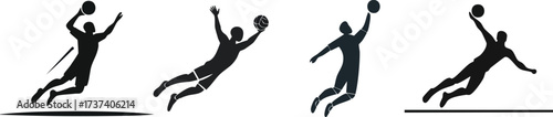 Silhouette illustrations of athletes jumping and throwing a ball, showcasing dynamic movement and sports action.