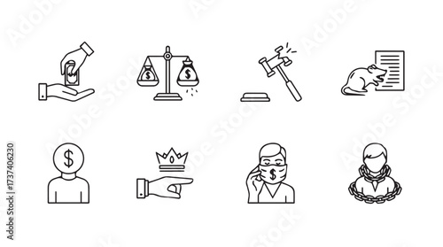 Hand drawn icons representing law justice finance business and professions simplified icons vector