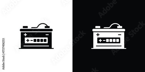Car Battery Icon Symbol on White, Black. Auto Part with Plus and Minus Sign