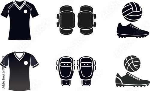 A collection of sports equipment including jerseys, shin guards, and soccer shoes, depicted in a simple, monochromatic style.