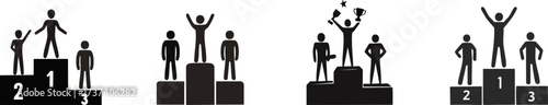 A series of podiums featuring stick figures, representing winners and participants in competitive scenarios, emphasizing achievement and celebration.