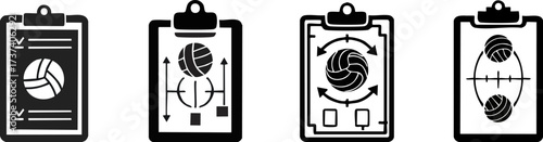 Four clipboards with volleyball strategy diagrams, showcasing plays, formations, and techniques used in volleyball coaching.
