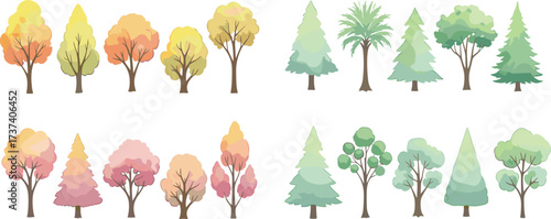 Seasonal tree collection with autumn and pastel foliage, diverse shapes, botanical styles, nature design, and whimsical landscape illustration set.